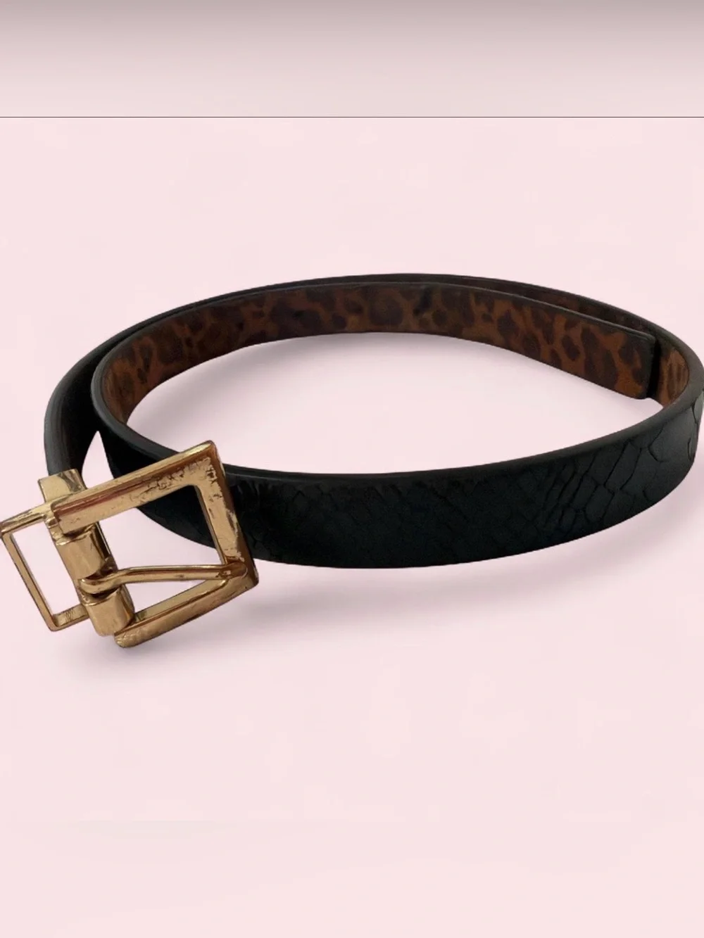 Express Black Belt with Gold Buckle and Leopard Lining